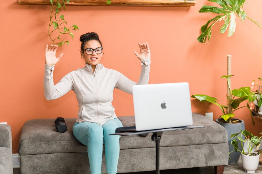 Doris is in from of the computer with her virtual training in Augusta doing a class 