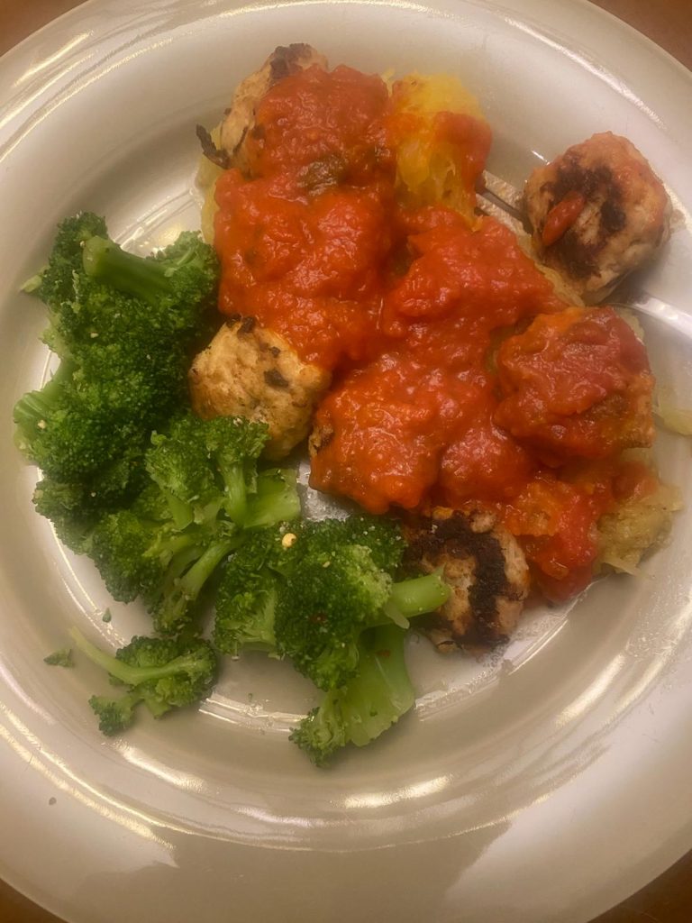Spaghetti Squash with Chicken Meatballs and Broccoli